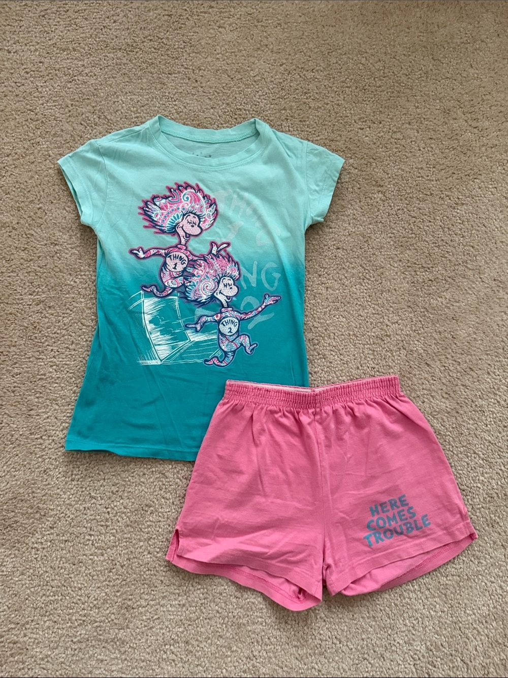 Girls' Two-Piece Pink & Teal Shorts/Shirt Set - 'Here Comes Trouble'